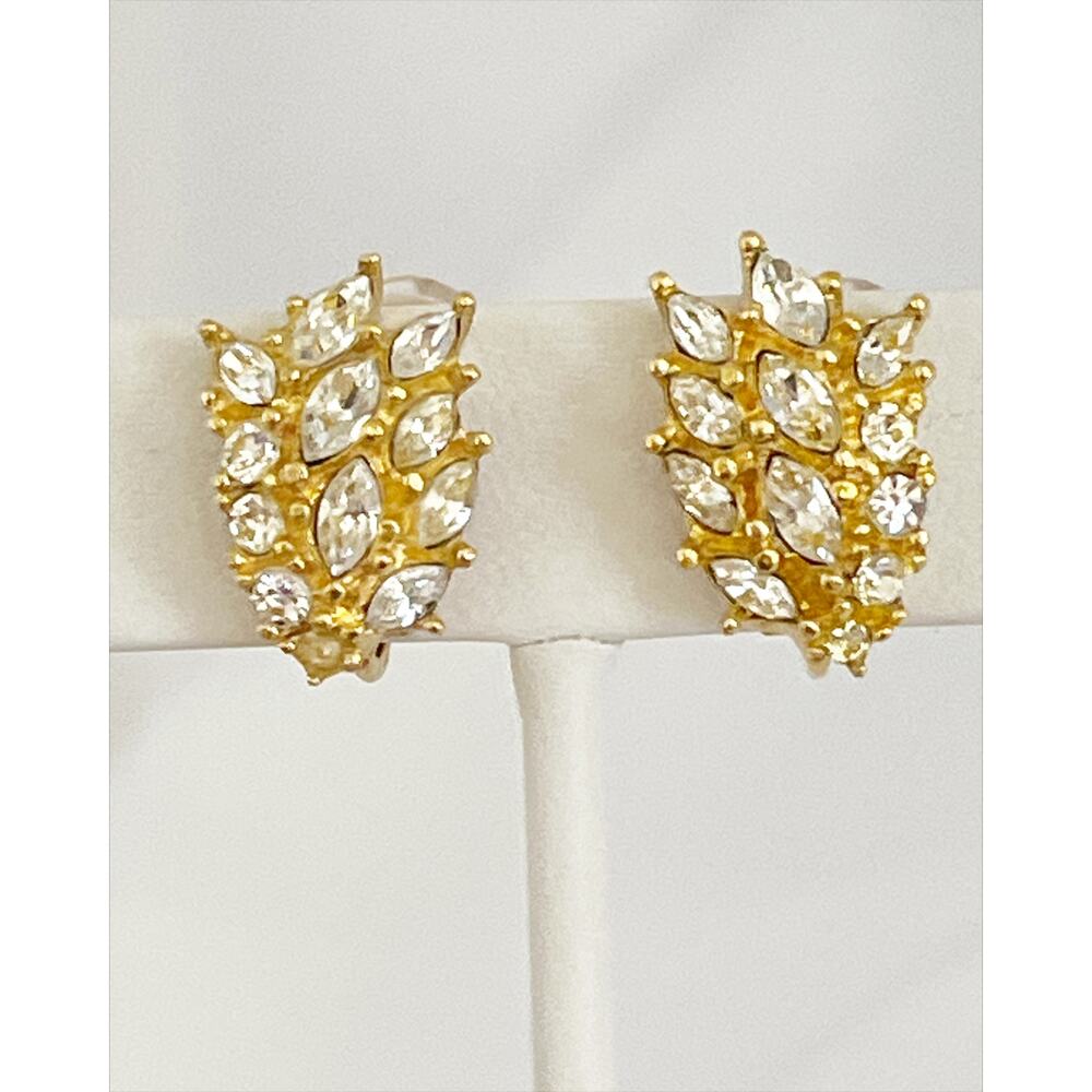DIOR Vintage Gold Plated Marquise Cut Crystal Cluster Clip On Earrings